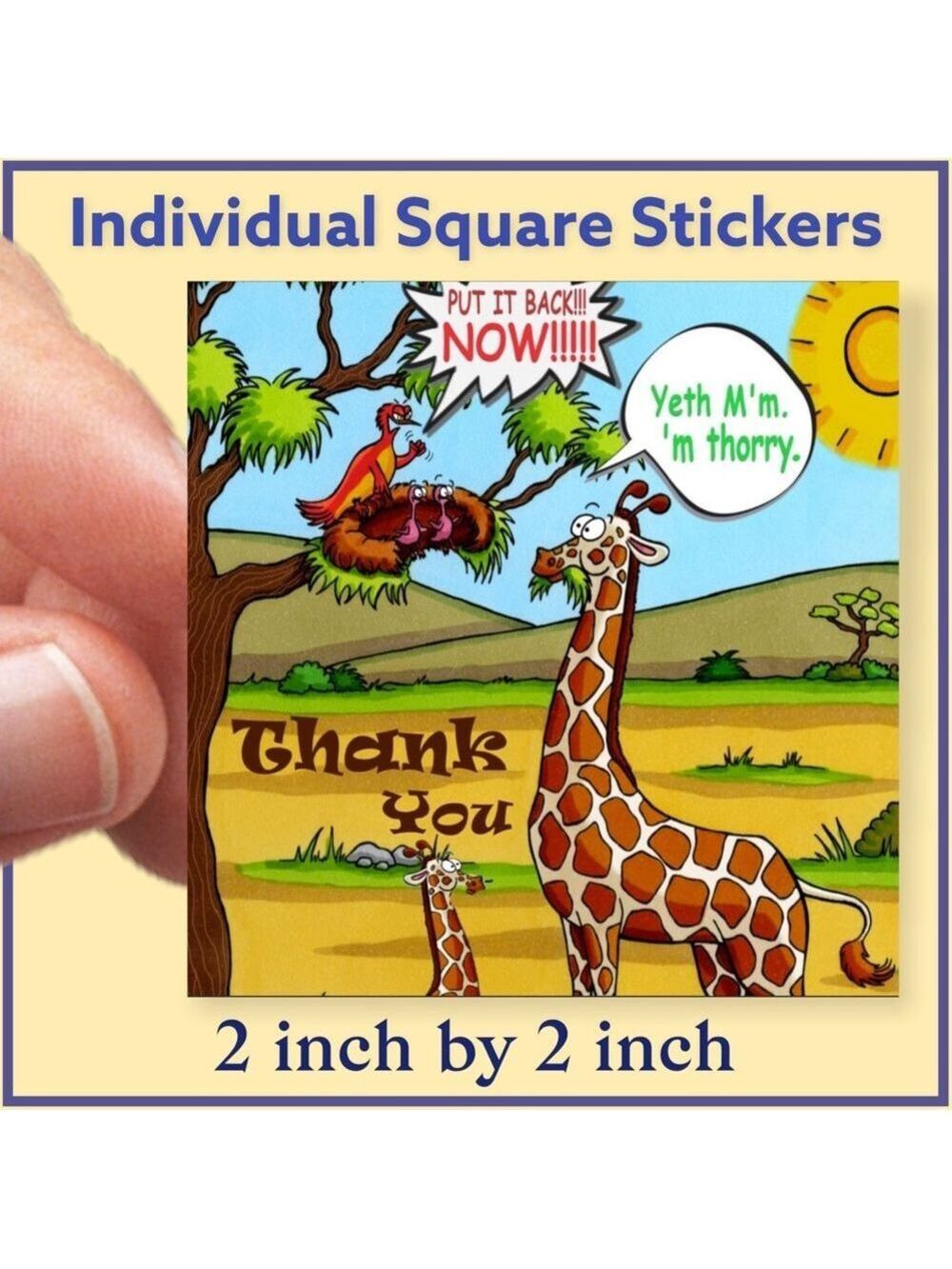 100 (2x2 Inch) Square Stickers, Giraffe Full Color, High Gloss, Thank You